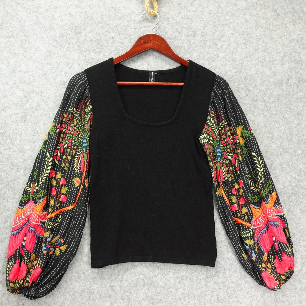 Boho Grunge Sweater Top ANTHROPOLOGIE Womens XS Black Floral Sleeve BL NK London